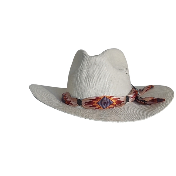 Stone Spirit Western Ivory Straw Cowgirl Hat Turquoise Concho Size M